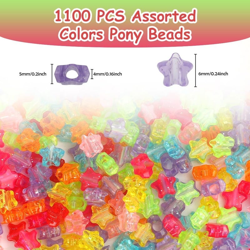 anpiwshjo 1100 Pcs Sparkle-Star Plastic Barrel Shaped Pony Beads for Jewelry Making, Bracelets, Hair Beads, Crafts - Image 2